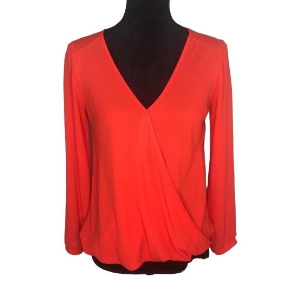 Lush bright blouse, crossover front with longer back. Long sleeved. Size XSmall